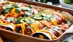 an enchilada dish is shown in a casserole dish