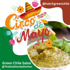 an advertisement for cinco de mayo with mexican food in the middle and green salsa on the side