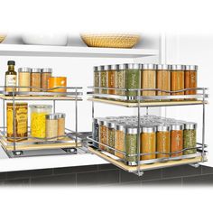 two shelves with spices and condiments on them