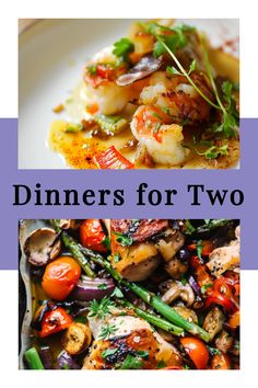 the cover of dinner for two with shrimp, asparagus and tomatoes on top