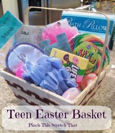 a basket filled with lots of items on top of a counter