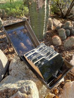 a metal box sitting on top of a rock covered ground next to a green cactus