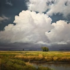 an oil painting of clouds over a grassy field with a river in the foreground