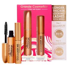 The 2-Step Lash System starter kit by Grande Cosmetics features a 4 week trial size GrandeLASH-MD Lash Enhancing Serum and a travel size GrandeMASCARA Conditioning Peptide Mascara. These two must-have lash essentials help to promote the appearance of longer, thicker, healthier looking lashes. Set Includes: • GrandeLASH-MD Lash Enhancing Serum, 4 Week Trial Size • GrandMASCARA Conditioning Peptide Mascara, Travel Size GrandeLASH-MD: Directions: As with all cosmetic products used in the area of th Stuff To Get At Target, Grande Lash Serum, Grande Lash, Unrealistic Wishlist, Grande Cosmetics, Makeup Party, Lash Serum, Best Lashes, Makeup Items