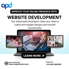 an advertisement for web development with three laptops and two monitors on the same screen