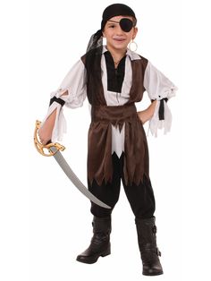 The pirate captain is ready to weigh anchor and set sale on a grand adventure. But he needs more crew so dress your child in the Caribbean Pirate Costume for Kids. Themed birthday parties and trick or treating are just two of the grand adventures your child can experience while wearing the black head scarf arm ties belt and white shirt with attached brown vest. The shirt features a black patch on front and lacing detail. The sleeves are cut into strips from the elbow to the wrists but the black Boys Pirate Costume, Pirate Fancy Dress, Pirate Costume Kids, Pirate Girl Costume, Girl Pirates, Pirate Boy, Pirate Outfit, Pirate Halloween, Book Week Costume