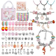 It's a perfect gift choice for girls and kids. It's not only a bracelet toy set, but also a fun jewelry-making skills learning kit. It's super easy to play with full-illustrated instructions. Spark your imagination and time to get creative! Happy is the most valuable thing. So much pink stuff: pink beads, pink charms, pink pendants, pink necklaces, and a pink box. These are the favorites of little girls! Fun DIY experience: give full play to your imagination and creativity to match and combine i Charm Bracelet Making, Pink Christmas Gifts, Bracelet Making Kit, String Crafts, Bracelet Pandora, Jewelry Making Kits, Charms Bracelets, Diy Charm Bracelet, Bracelet Kits