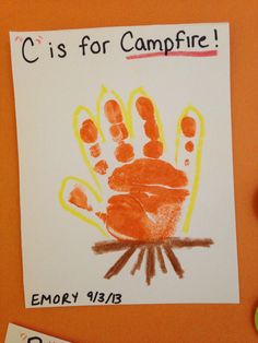 a child's handprint with the words c is for campfire