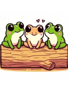 three frogs sitting on top of a wooden log with hearts in their eyes and one frog is looking at the camera