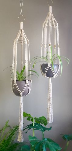 two hanging planters with plants in them