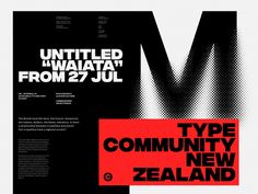 a poster with the words type community new zealand in red and black, on a white background