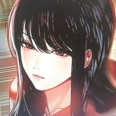 an anime character with long black hair and red eyes looks at the camera while staring straight ahead