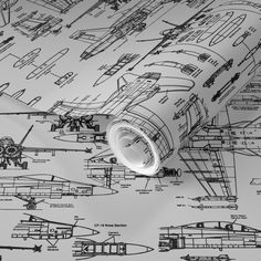 an airplane blueprint wallpaper is shown in black and white, as well as the background