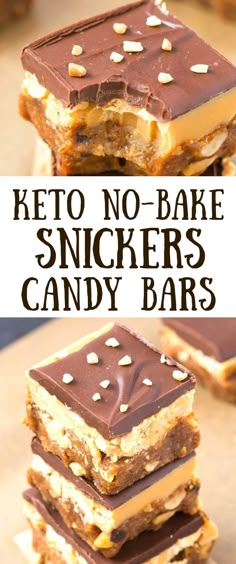 no bake snickkers candy bars are stacked on top of each other