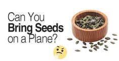 a wooden bowl filled with sunflower seeds next to a smiley face and the words can you bring seeds on a plane?