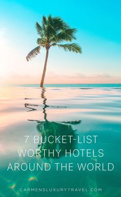 a palm tree in the ocean with text that reads, 7 bucket list worthy hotels around the world