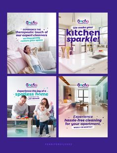 four different ads for kitchen and living rooms