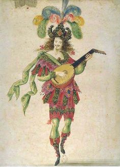 a painting of a man with a guitar in his hand and flowers on his head