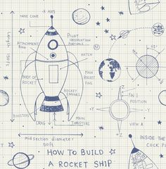 a drawing of a rocket ship and other space related objects on a sheet of paper