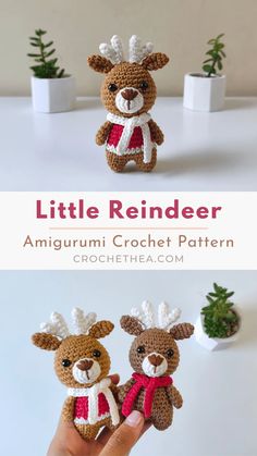 two little reindeer amigurmi crochet patterns, one is brown and the other is white