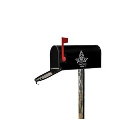 a black mailbox with a red handle and an image of a cross on it