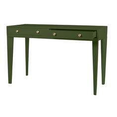 a green table with two drawers on the top and one drawer at the bottom, in front of a white background