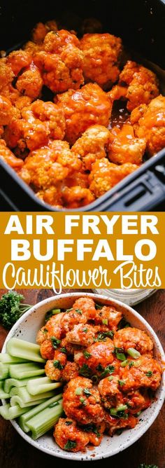 air fryer buffalo cauliflower bites in a bowl with celery