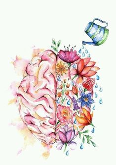 a watercolor drawing of a brain with flowers and watering can in the air next to it