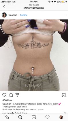 a woman's stomach with tattoos on it and the words, what lies below