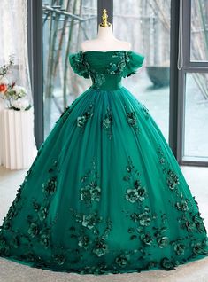 Green Tulle 3D Flower Off the Shoulder Quinceanera Dress Forest Green Quinceanera Dress, Off The Shoulder Quinceanera Dress, Quinceanera Dresses Green, Dress Etiquette, Green Quinceanera, Princess Bridal Gown, Beaded Party Dress, Green Tulle, Exquisite Gowns