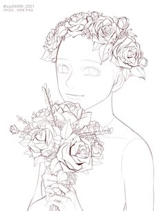 a drawing of a woman with flowers in her hair, holding a bouquet of roses