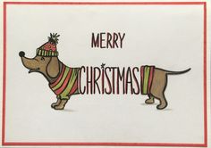 a card with a dachshund wearing a christmas hat and scarf on it