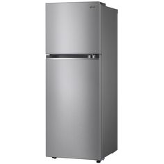 a silver refrigerator freezer sitting on top of a white wall