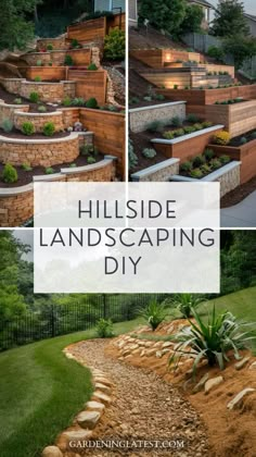 hillside landscaping diy with text overlay that says hillside landscaping diy in three different pictures