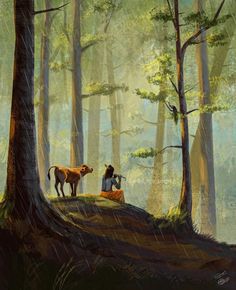 a painting of two people and a cow in the woods