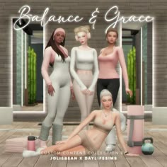 three women are standing in front of a mirror with the words balance and grace on it