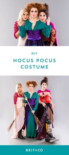 three women dressed in costumes and holding brooms, with the caption diy hoccus pocus costume