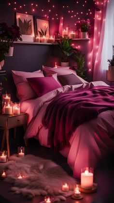 a bed covered in pink sheets and pillows next to candles