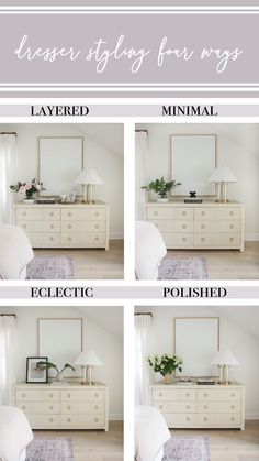 four images show the steps to make a dresser look like it has been painted white