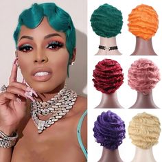 Finger Wave Wig, Synthetic Wigs For Black Women, Finger Waves Short Hair, Wigs Collection, Flapper Hair, Finger Wave Hair, Finger Wave, Green Wig, Fashion Hairstyles