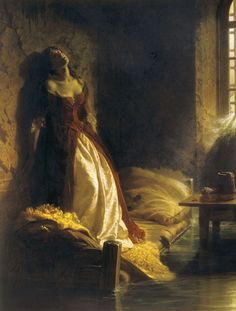 a painting of a woman in a white dress sitting on a bed next to a window