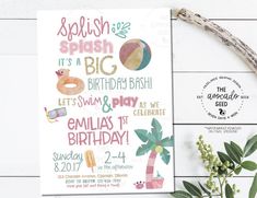 a birthday card with an image of a beach ball, palm tree and other items