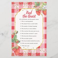 a pink and white checkered table cloth with strawberrys on it, the words find the guest