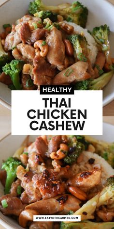 healthy thai chicken and broccoli stir fry with cashews in a white bowl