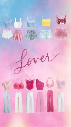 an image of clothes that say lover on the front and back with pink clouds in the background