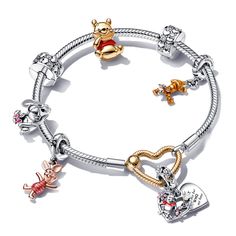 The love, light and pure delight of your best forest friends come together in the most cheerful way. A 14k gold-plated Pandora Moments Heart Closure Snake Chain Bracelet is adorned with the Infinite Hearts Sparkling Clip Charm plus five of the most adorable Pooh-inspired charms: the Disney Winnie the Pooh Tigger Dangle Charm with transparent orange enamel over Tigger's grooved stripes and tail that curls up to form a loop; the Disney Winnie the Pooh Piglet Dangle Charm showing Pooh's best friend Gf Gifts, Disney Pandora Bracelet, Disney Charm Bracelet, Girl Illustrations, Pandora Charms Disney, Pandora Bracelet Designs, Winnie The Pooh Piglet, Winnie The Pooh Tigger, Disney Bracelet