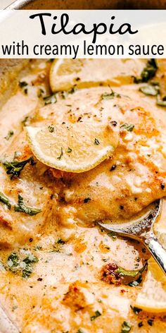 a close up of a pan of food with lemons and sauce on it,