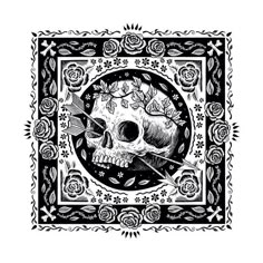 a black and white drawing of a skull with roses on it's head in a frame