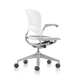 a white office chair with wheels on the back and seat upholstered to the side