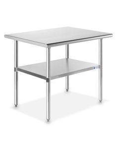 a stainless steel table with two shelves on each side and one shelf below it, against a white background